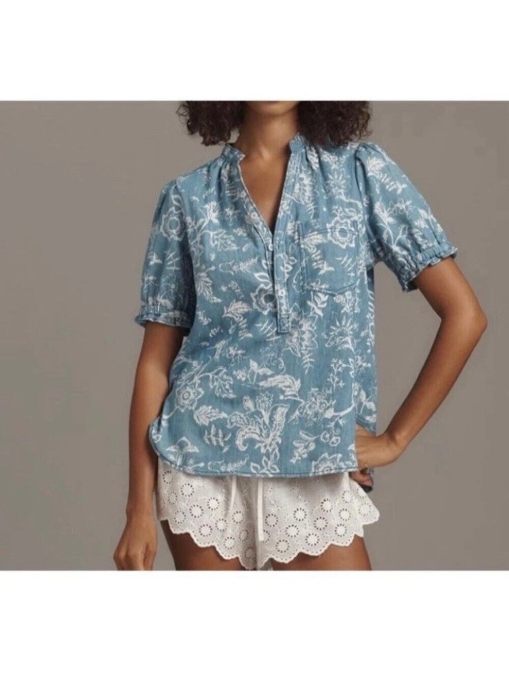Anthropologie Pilcro The Aly Puff-Sleeve Blouse Women's XXS Blue White